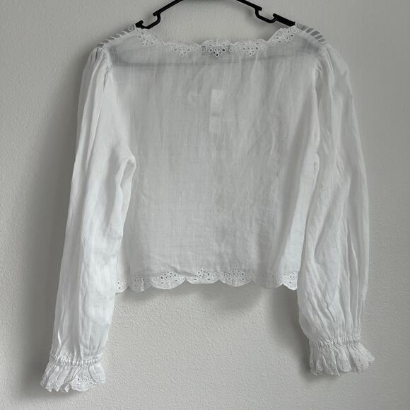 J Crew Scallop Trim Tie Front Top In Ramie Small Cropped Sheer White Flaw - Picture 4 of 14